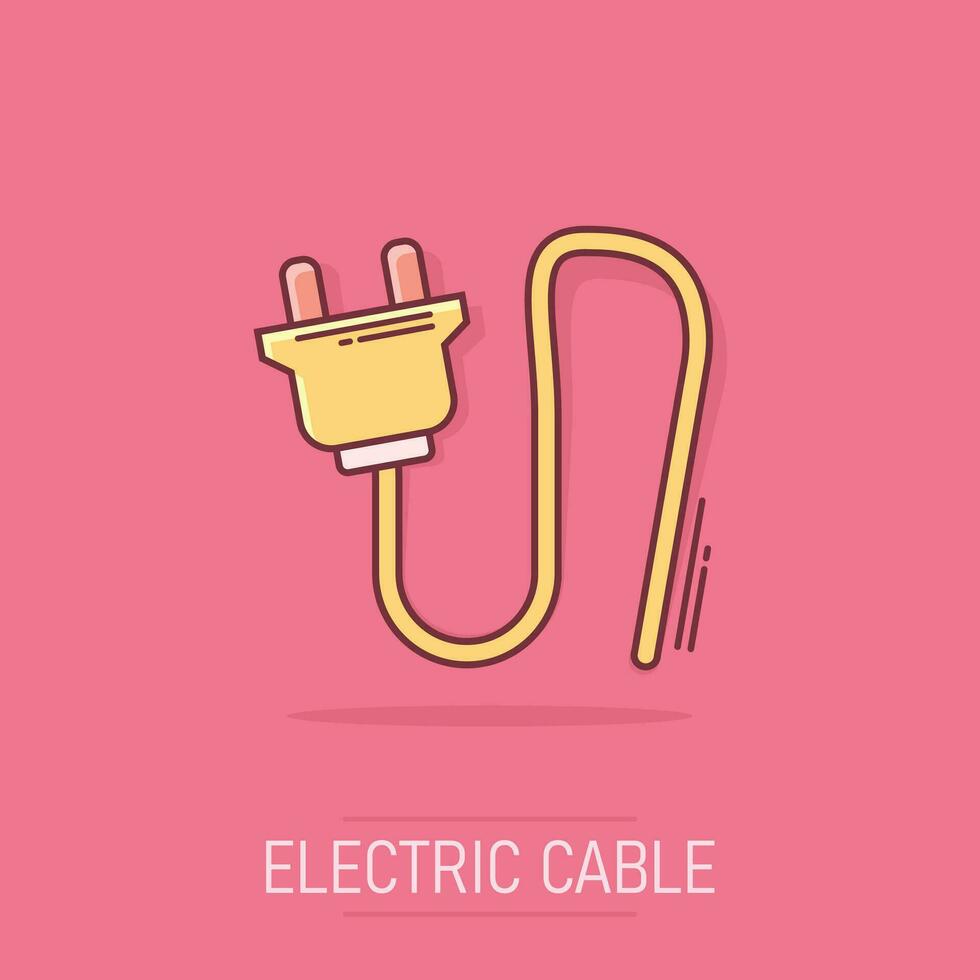 icono de signo de enchufe eléctrico de dibujos animados vectoriales en estilo cómico. Pictograma de ilustración de signo de enchufe de alimentación. concepto de efecto de salpicadura de negocio de cable eléctrico. vector