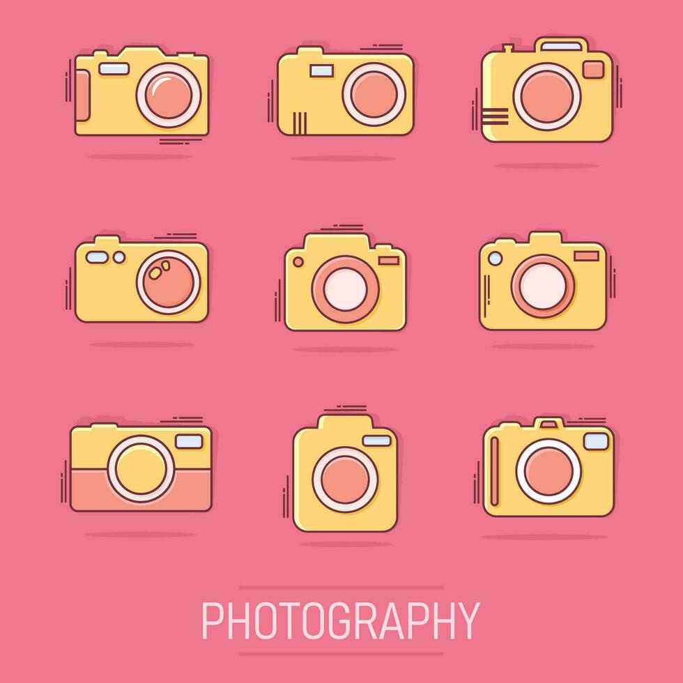 icono de conjunto de cámara fotográfica de dibujos animados vectoriales en estilo cómico. Pictograma de ilustración de signo de cámara de fotógrafo. concepto de efecto de salpicadura de negocio de cámara. vector