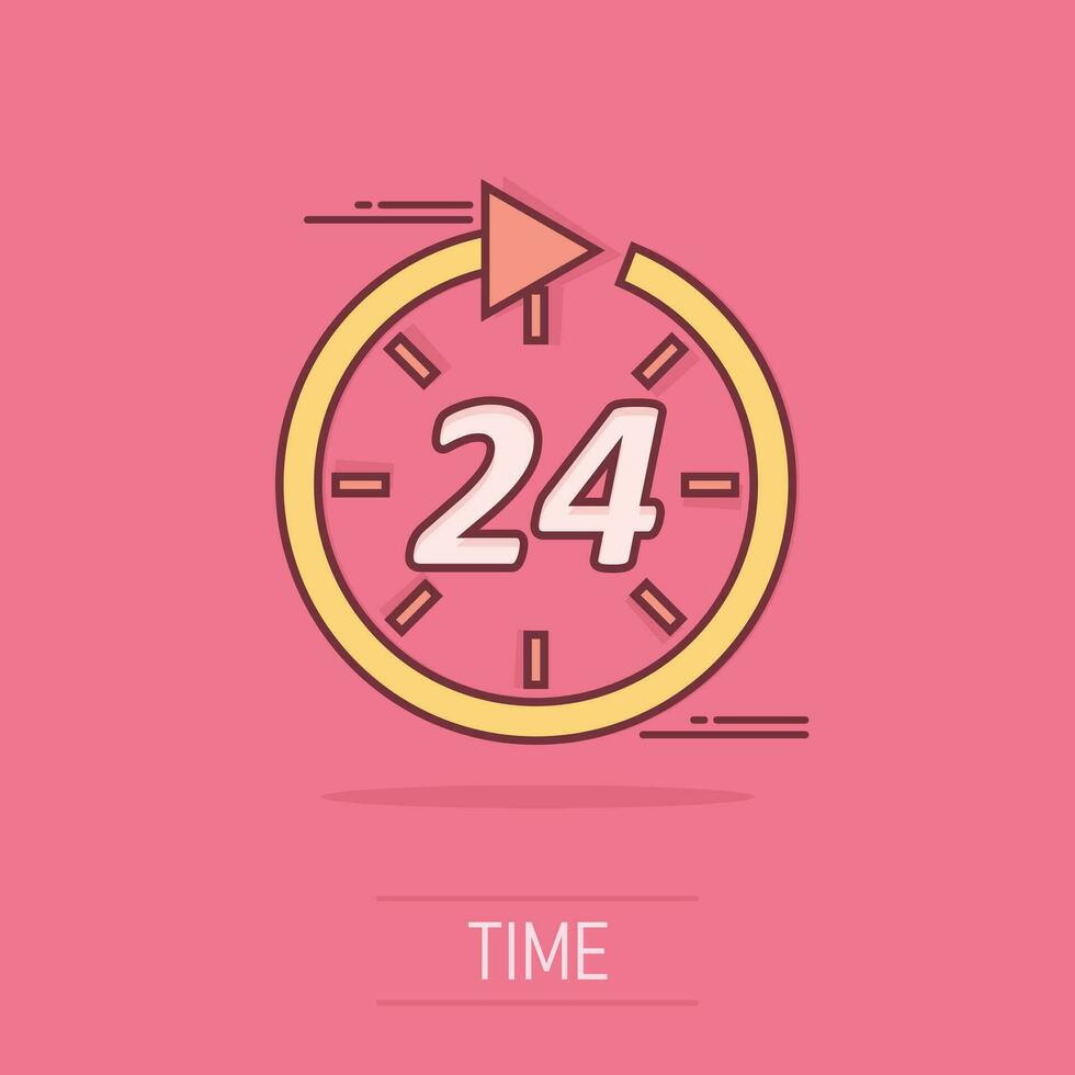 Vector cartoon time icon in comic style. 24 hours sign illustration pictogram. Clock timer business splash effect concept.