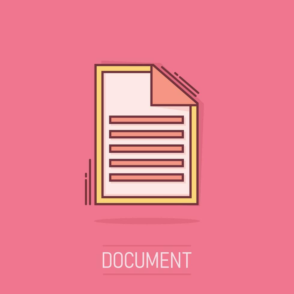 Vector cartoon document icon in comic style. Paper page sign illustration pictogram. Note business splash effect concept.