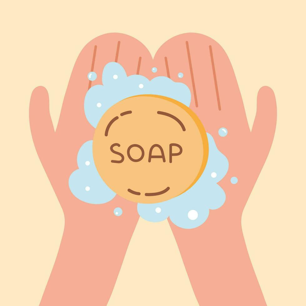 Washing hands with soap and water. Personal hygiene, disease prevention and healthcare. Vector illustration