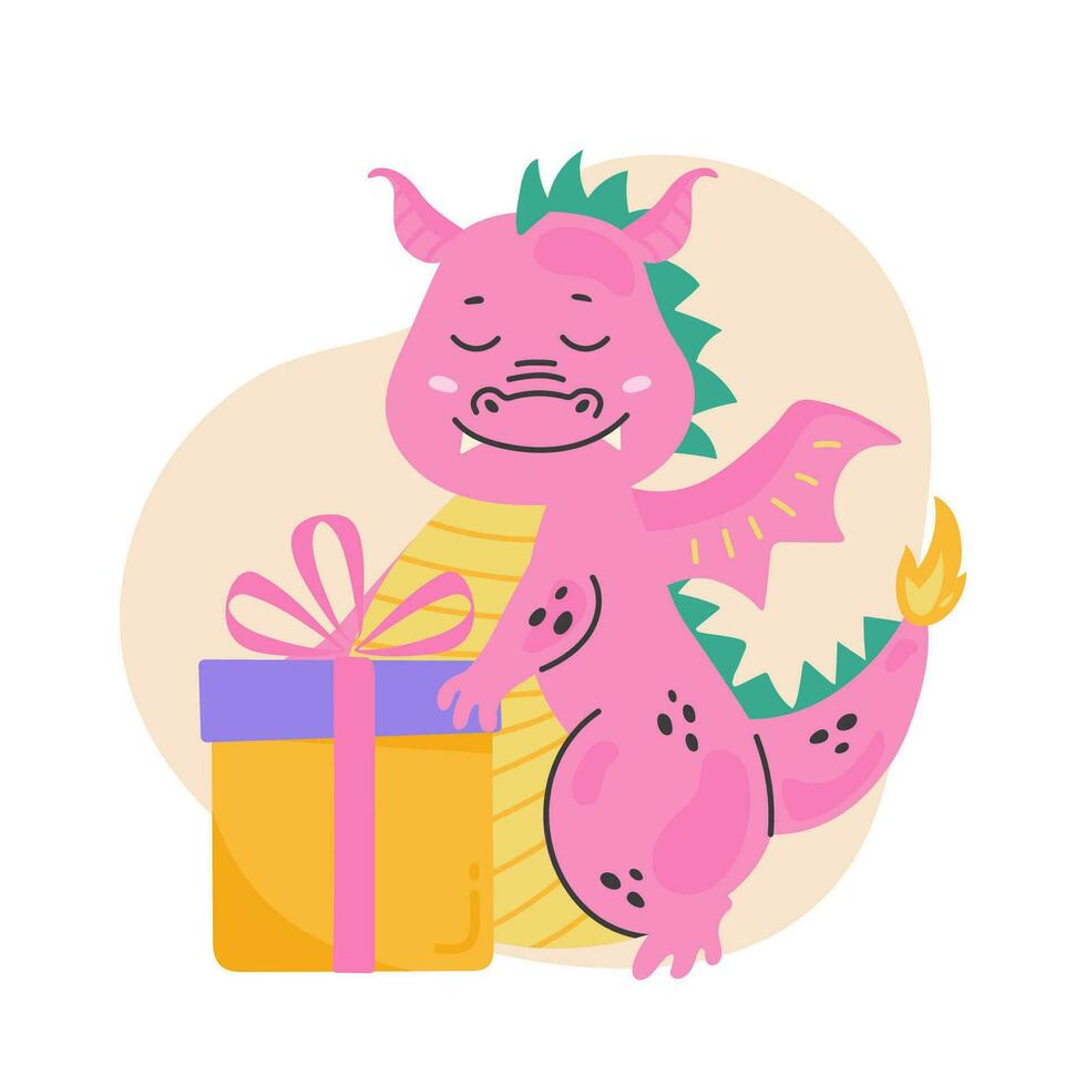 Fantasy cute dragon with gifts christmas. Merry Christmas and New year card. Baby dinosaur for kids. Vector cute dragonfly dino character, cartoon illustration