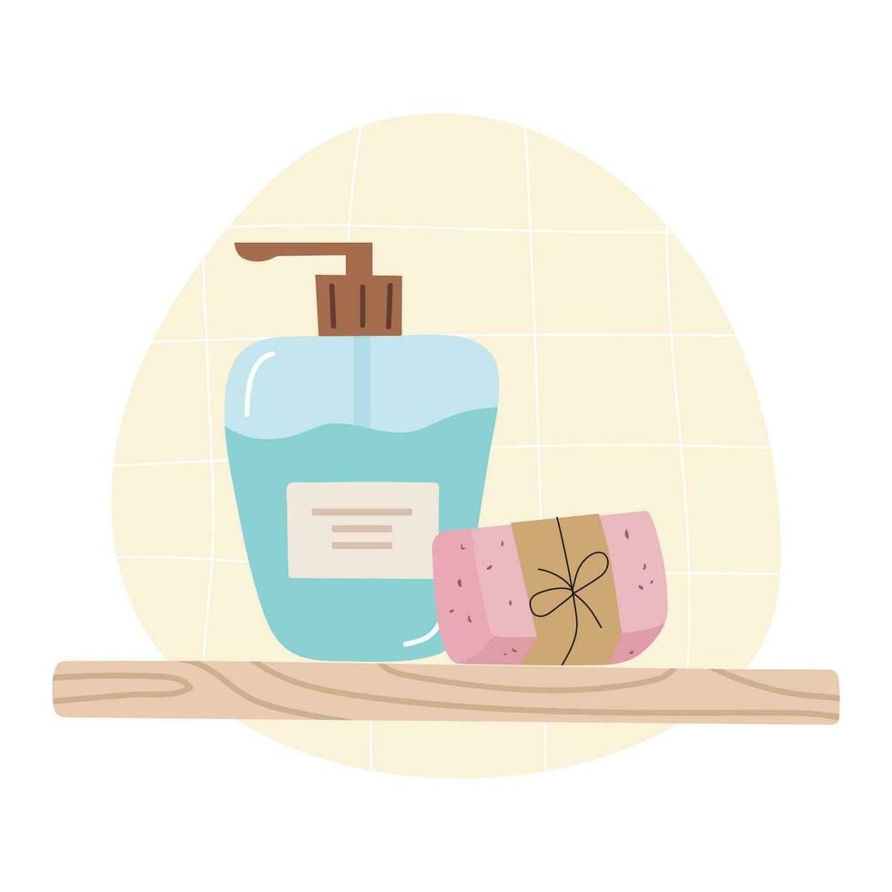 A liquid and handmade natural organic bar soap on a wooden shelf in the bathroom. Aromatherapy and skin hygiene, eco herbal cosmetics for bath. Cosmetics and skincare. Vector Illustration