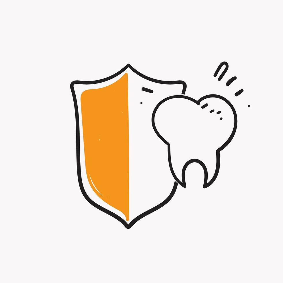 hand drawn doodle teeth and shield illustration symbol for teeth protection vector