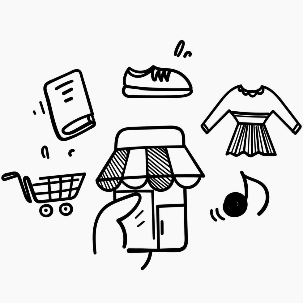 hand drawn doodle mobile store shopping illustration vector