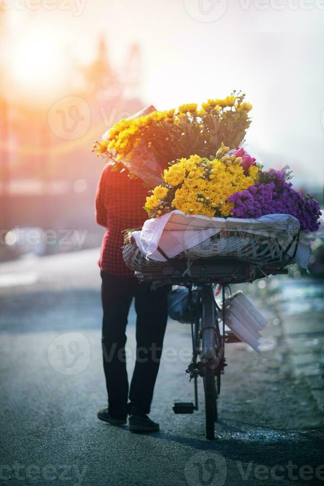 domiestic life photography of vietnamese woman and selling flower bicycle in hanoi city photo