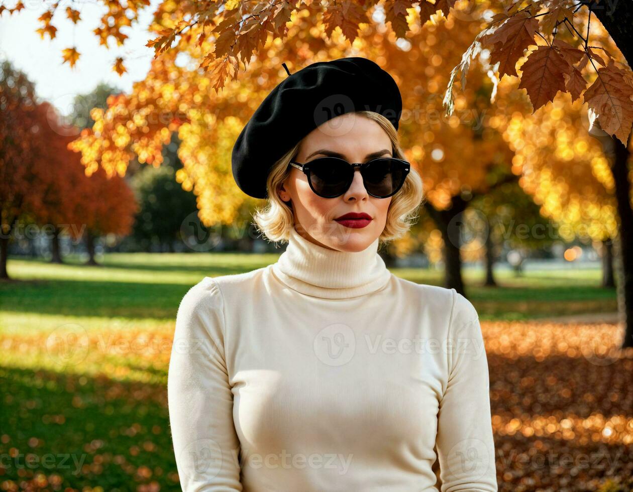 AI generated photo of middle aged woman with batwing-sleeve coat standing in front of under construction building, generative AI