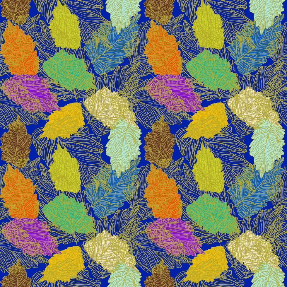 Seamless pattern of multicolored leaves on gold line leaves, dark blue background. Vector image.