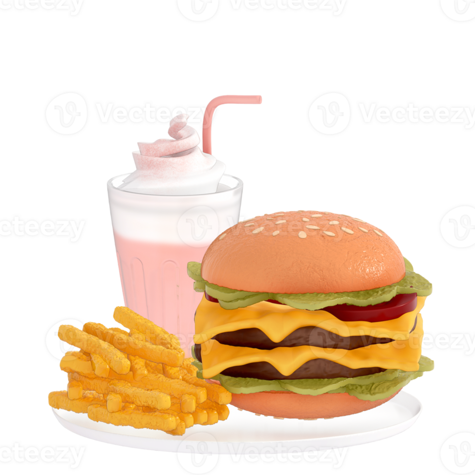 fast food menu 3d clipart, Classic cheeseburger with a side of fries and a soft drink png