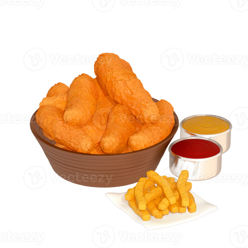 fast food menu 3d clipart, Set of Crispy Chicken Tenders served with dipping sauces and curly fries png