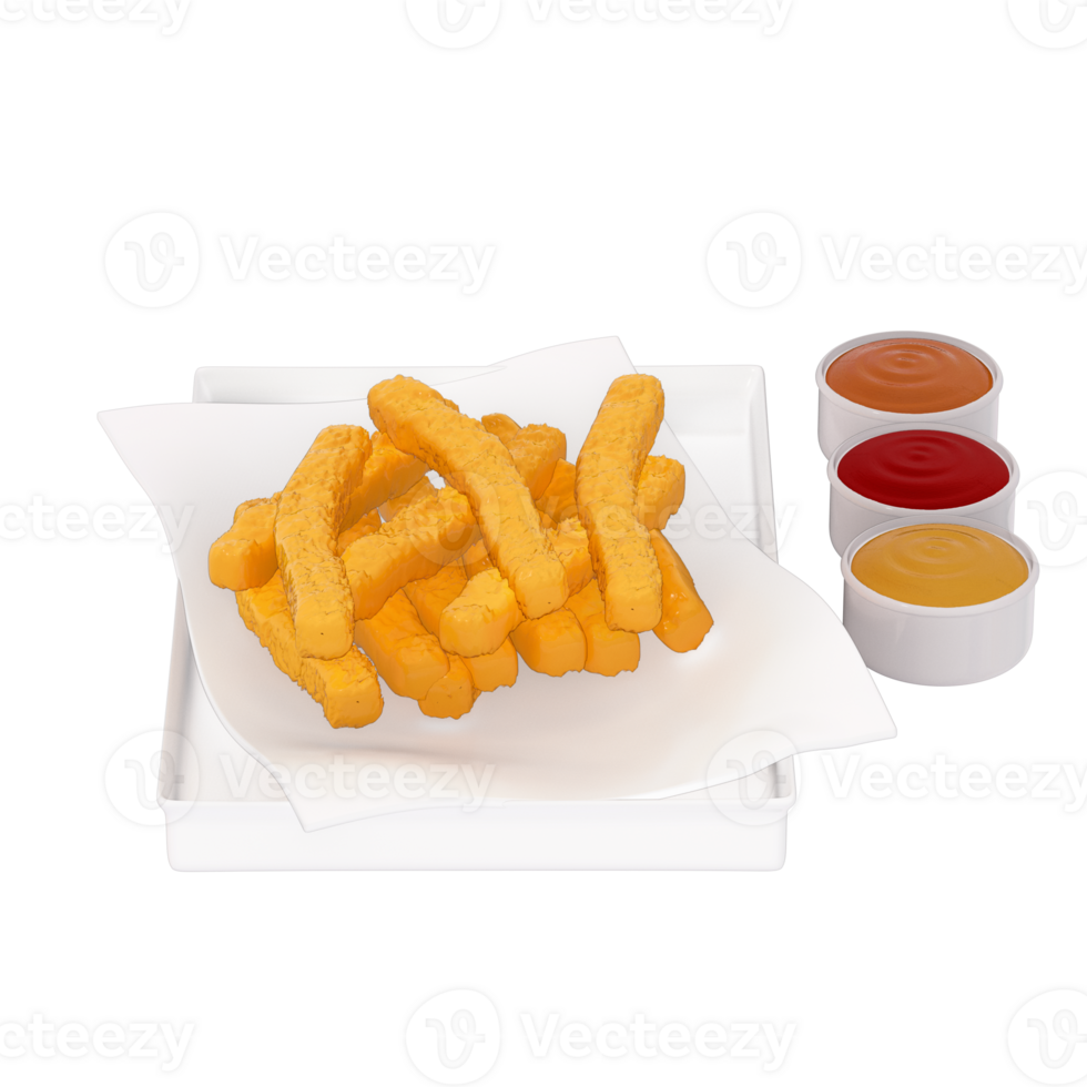 fast food menu 3d clipart, Classic French Fries, Crispy, golden fries seasoned with salt, and a variety of dipping sauces on a transparent background. 3d rendering png