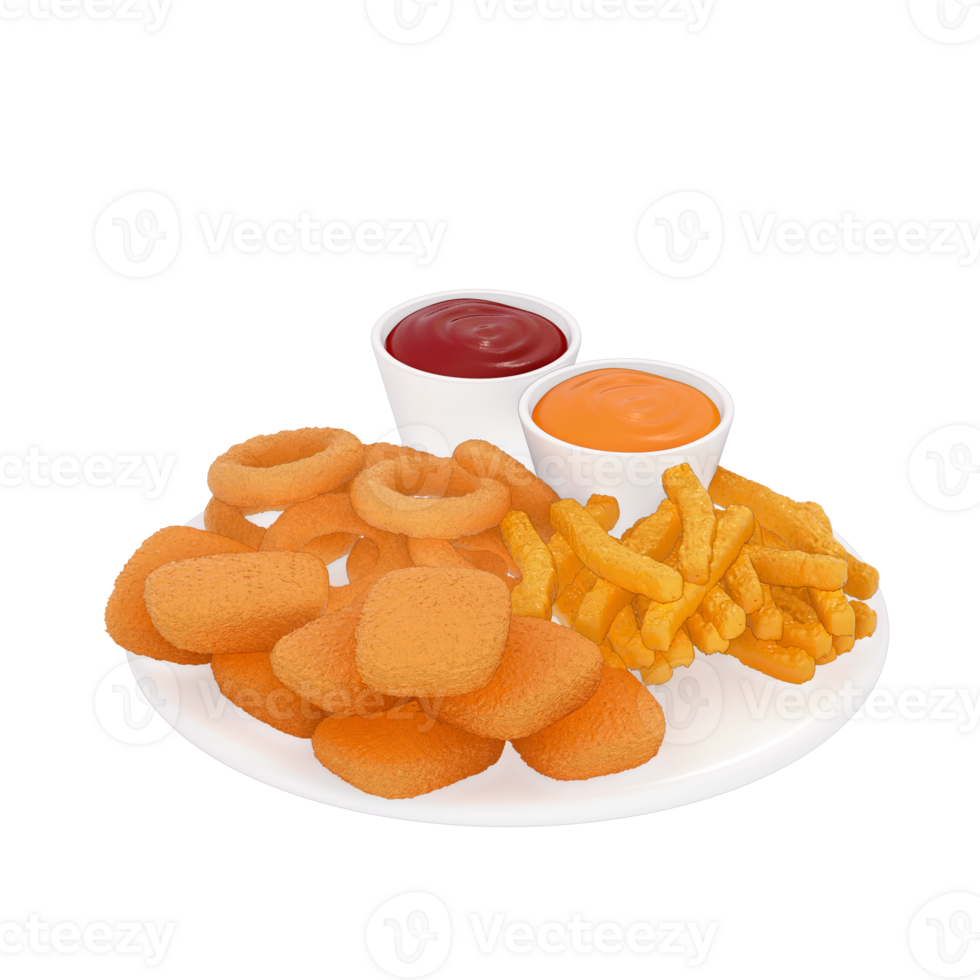 fast food menu 3d clipart, set of fries, nuggets and onion rings with dipping sauces png