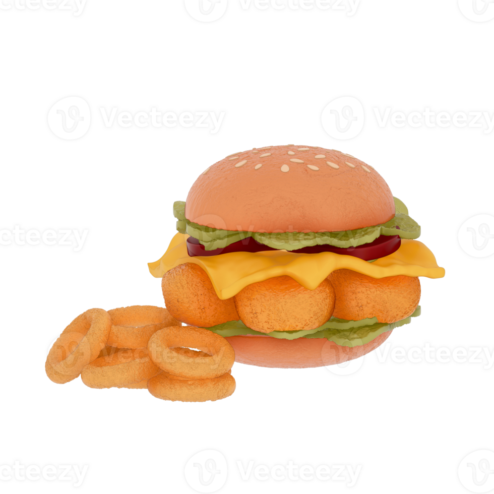 fast food menu 3d clipart, Spicy crispy chicken burger with onion rings png