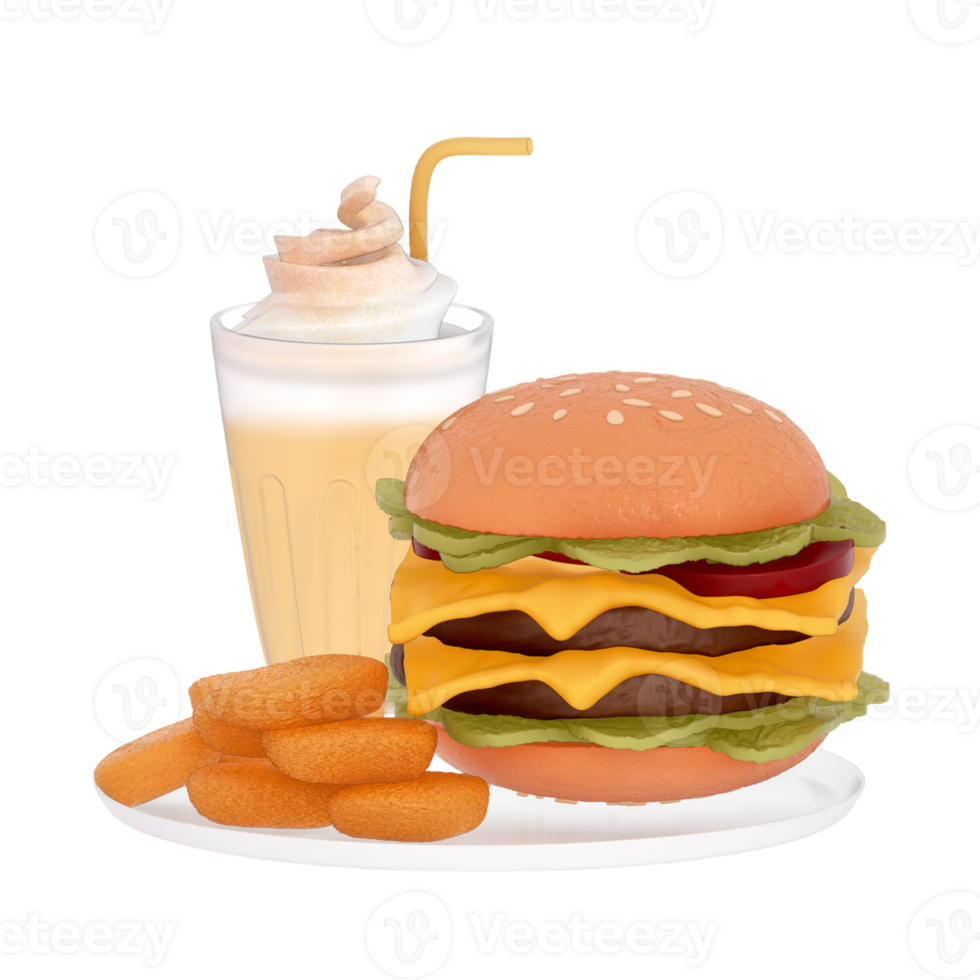 fast food menu 3d clipart, Classic cheeseburger with a nuggets and a soft drink png