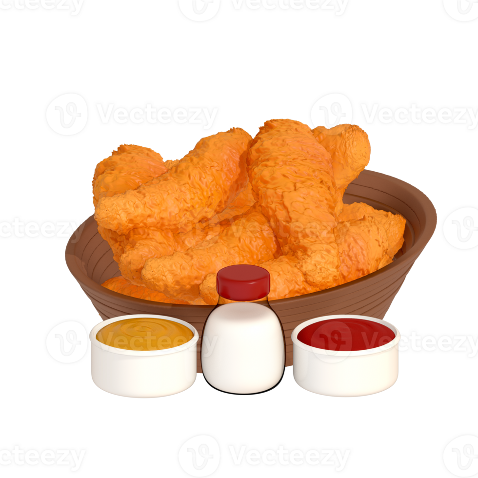 fast food menu 3d clipart, Set of Crispy Chicken Tenders served with dipping sauces png