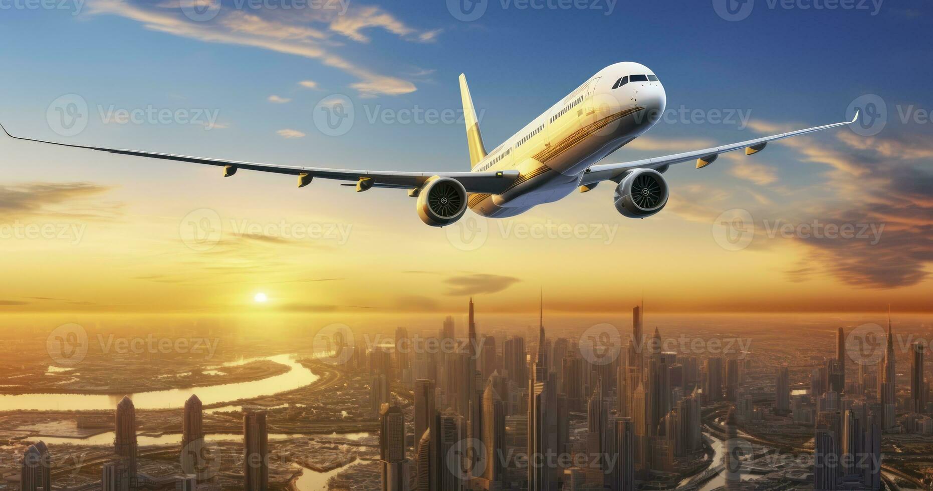 City and Clouds at Dusk - The Beauty of a Plane in Sunset Light. Modern and fastest mode of transportation. Generative AI photo