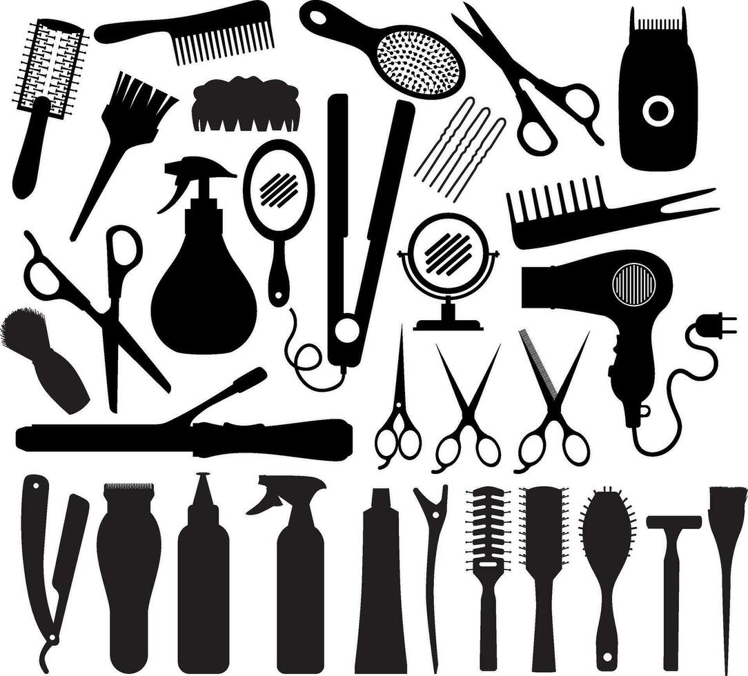 Hairdressing tools set, black silhouette isolated on white. Barber comb, brush, scissors, bowl for hair dyeing, dryer, straightener and clipper. Hand drawn icon for beauty salon or barbershop concept vector