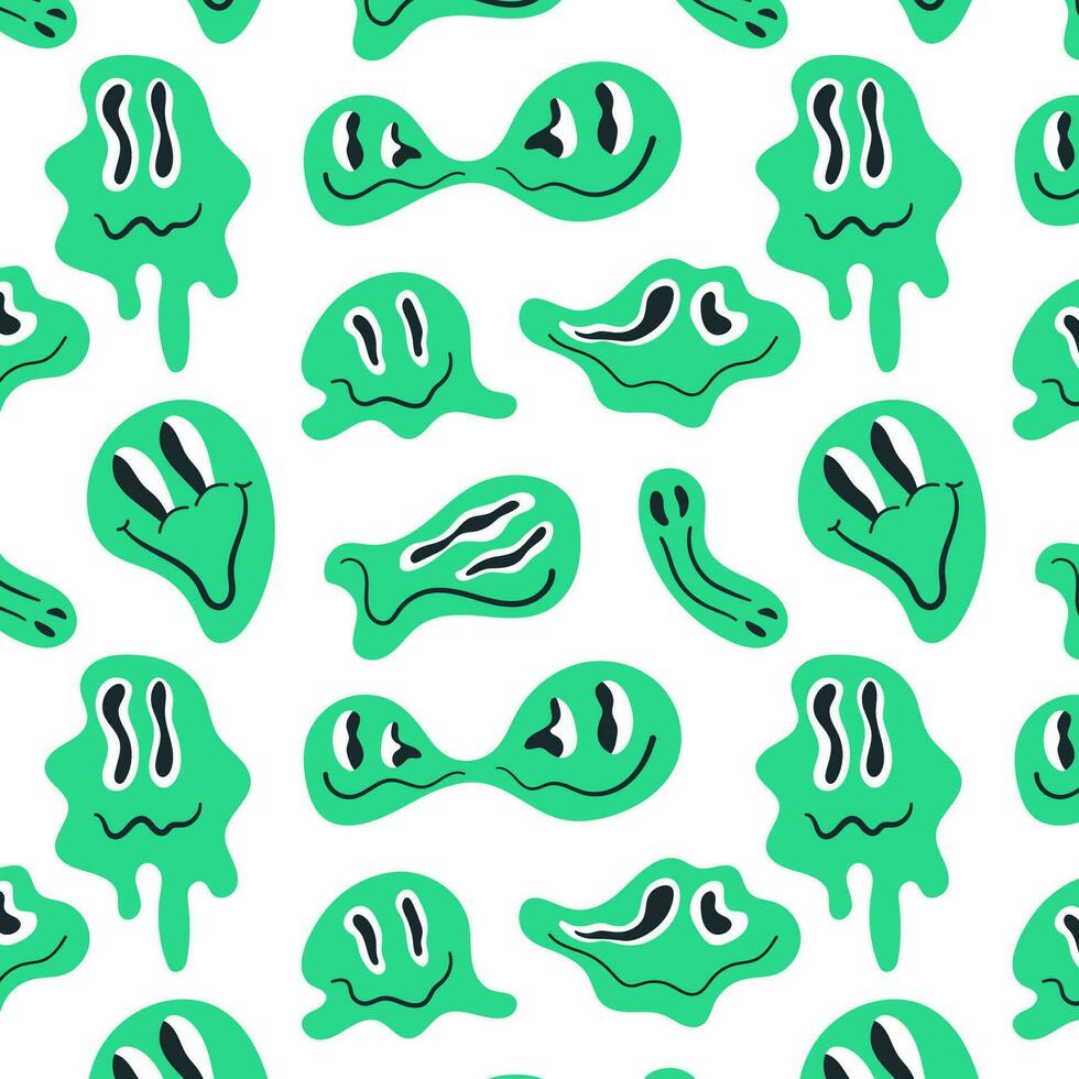 Trippy melting distorted neon green smiles seamless pattern vector