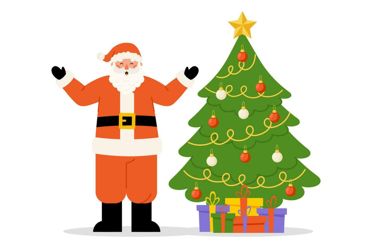 Santa Claus character laughing and waving hands near Christmas Tree vector