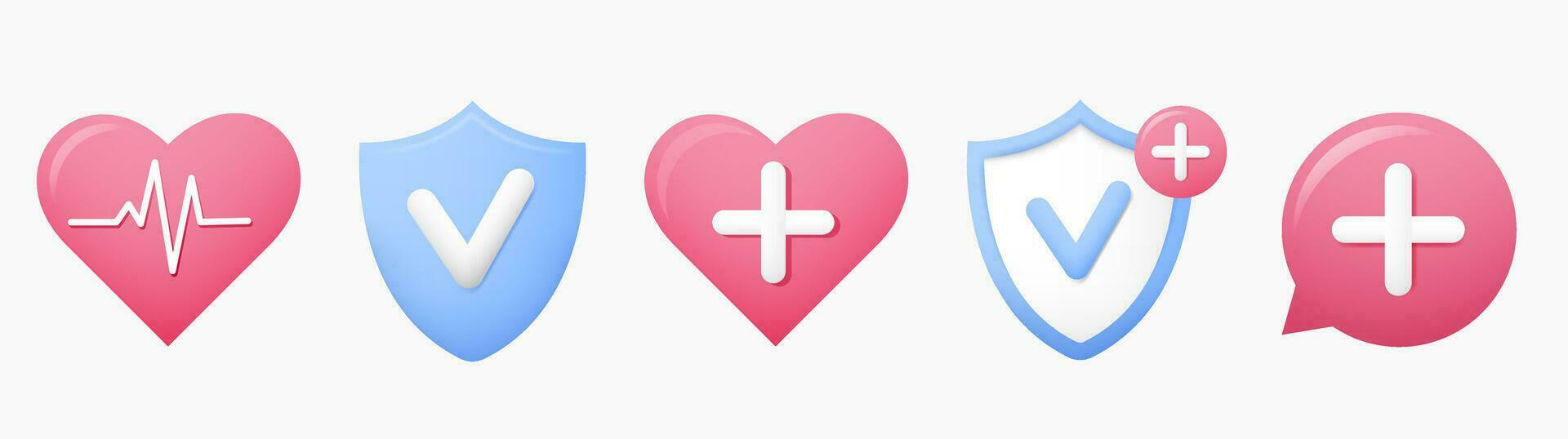 Heart with pulse, shield with checkmark, medical cross, icon collection vector