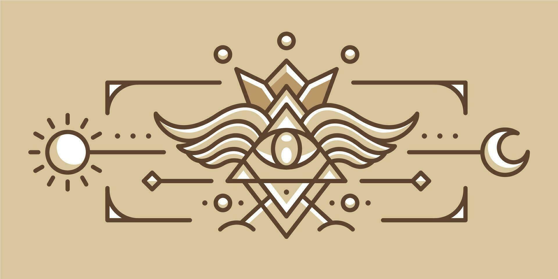 sacred all seeing eye illustration. Ancient Egypt vintage art hipster line art Illustration vector with eye of horus with Sacred scarab wings wall art design in outline artwork