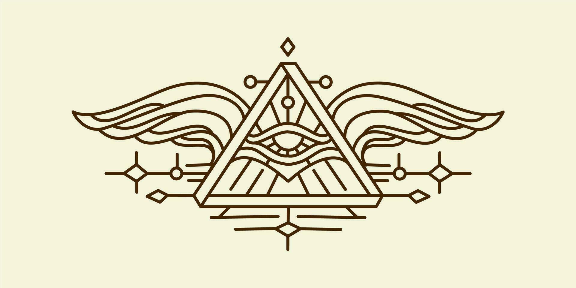 sacred all seeing eye illustration. Ancient Egypt vintage art hipster line art Illustration vector with eye of horus with Sacred scarab wings wall art design in outline artwork