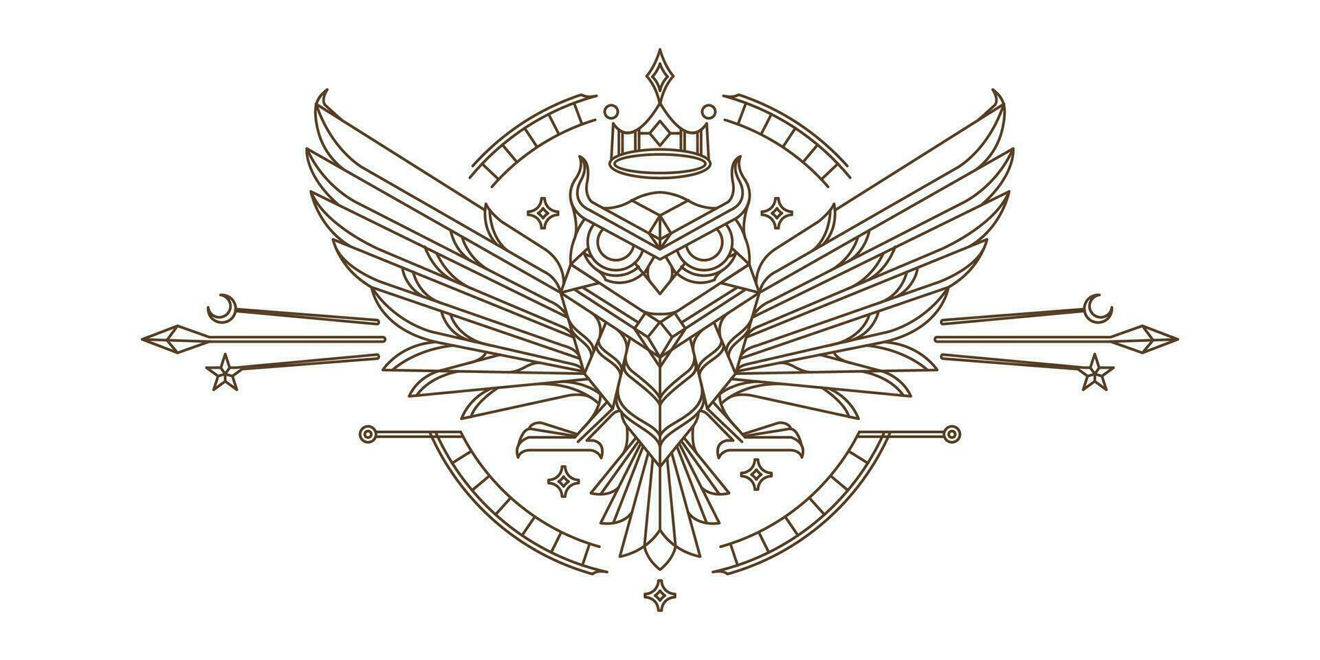 sacred owl wall art line design. vintage drawing of king owl geometric design with detailed wings Vector mystical illustration.