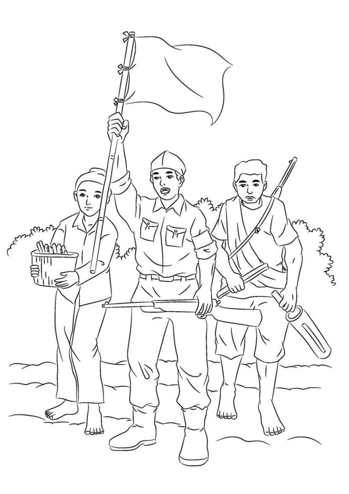 Fighters and farmers stand guard on the battlefield. Coloring page for kids. vector