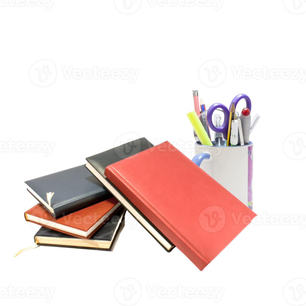 Stacked coloured diaries of various types- png