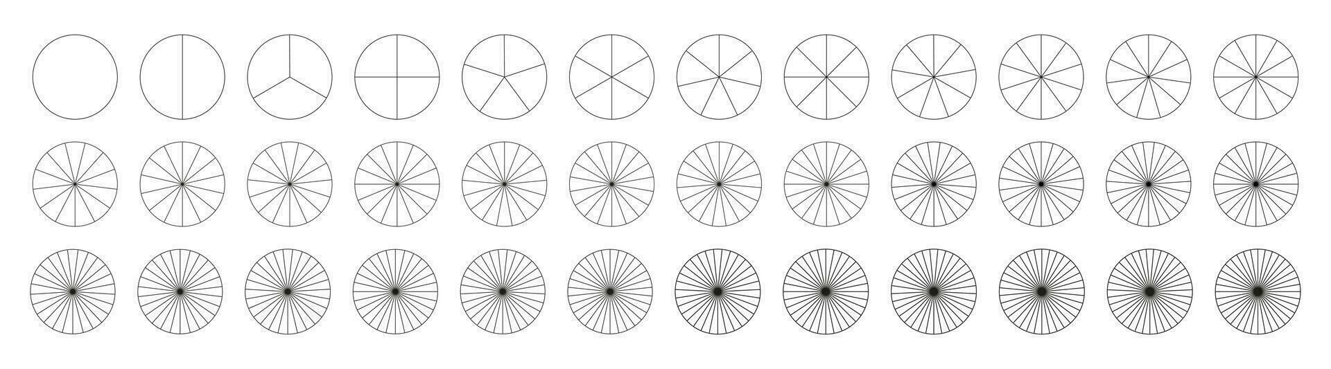 segmentario infografía cartas recopilación. muchos número de sectores dividir el circulo en igual partes. conjunto de tarta, Pizza cartas presentación modelo elemento desde 1 a 36 segmentos diagrama rueda partes. vector