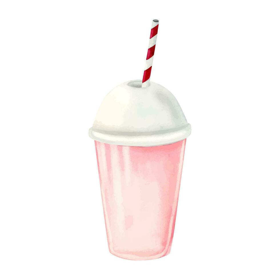 Pink strawberry milkshake with straw and lid watercolor illustration isolated on white for summer drinks design vector