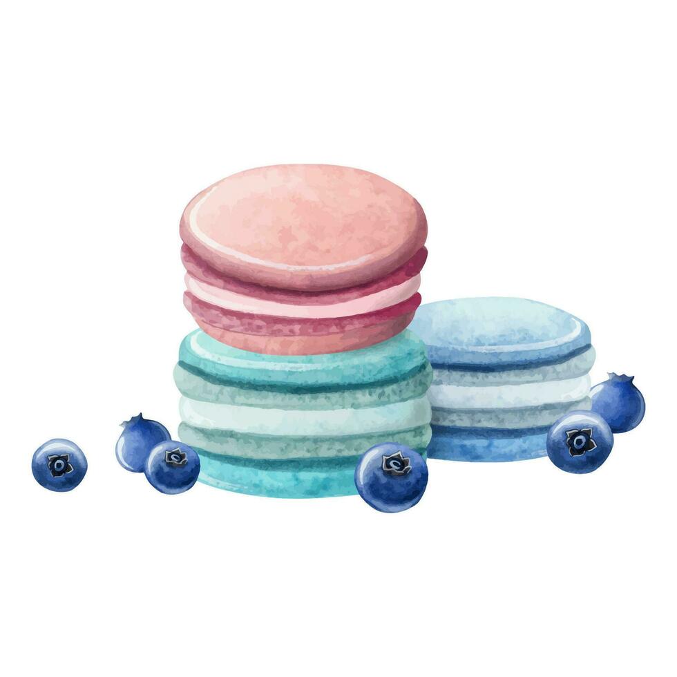 macarrones pirámide en pastel rosado y verde azulado colores con arándanos acuarela vector ilustración. delicioso postre comida