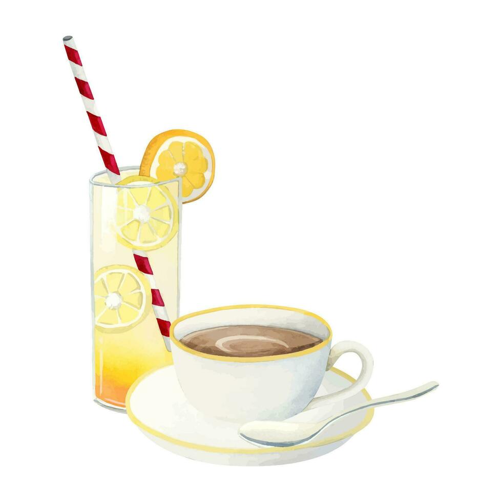Continental morning cup of coffee with spoon and orange juice for breakfast watercolor vector illustration for hotel cafe menus