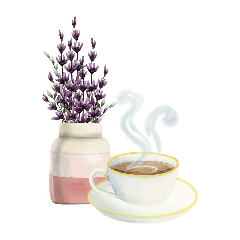 Lavender coffee cup with hot cappuccino with steam and vase with bouquet watercolor vector illustration