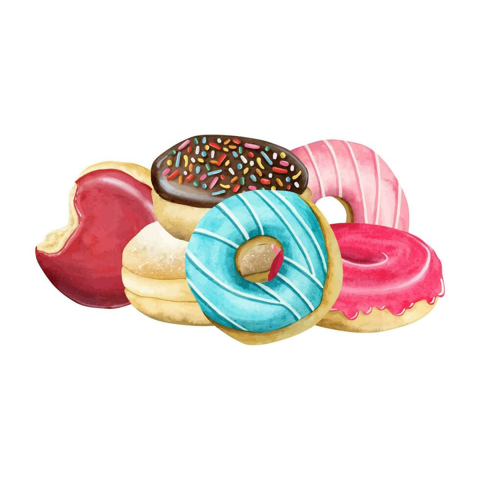 Assorted glazed donuts with different flavors watercolor illustration. Delicious round doughnuts for bakeries vector