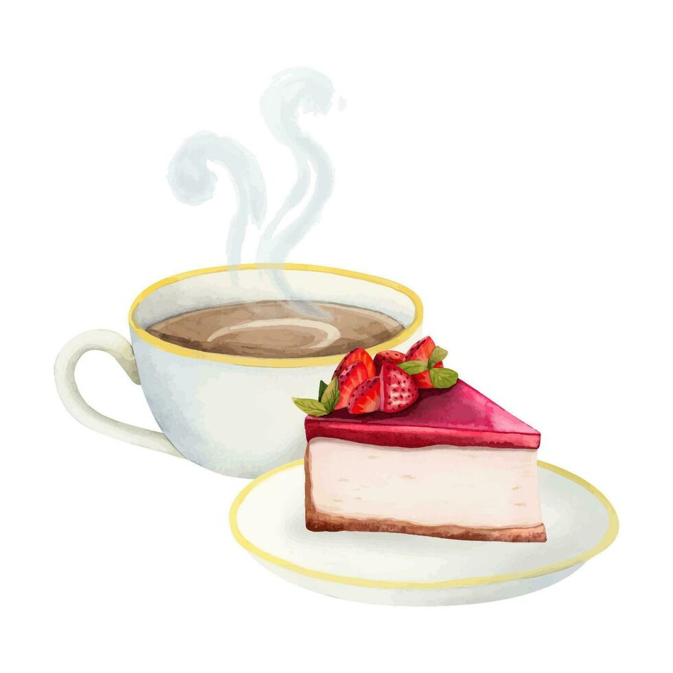 Hot coffee cup with cappuccino and strawberry cheesecake dessert watercolor vector illustration for menus and flyers