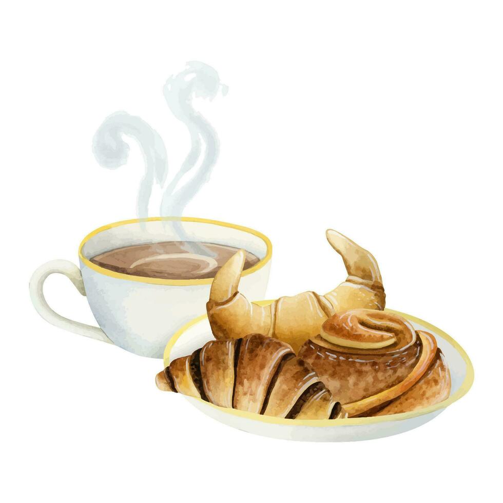 Pastry plate with butter and chocolate French croissant, rolled cinnamon bun and hot coffee cup watercolor vector illustration