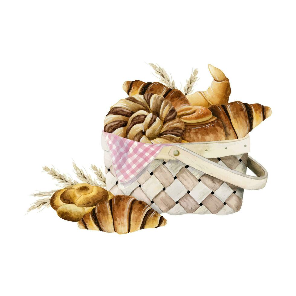 Fresh pastries in wicker basket with croissants, buns and wheat watercolor vector illustration for picnic and bakery designs