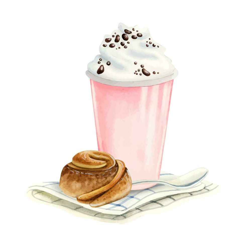 Milkshake with whipped cream and cinnamon rolled bun with spoon and napkin watercolor vector illustration. Fast food dessert