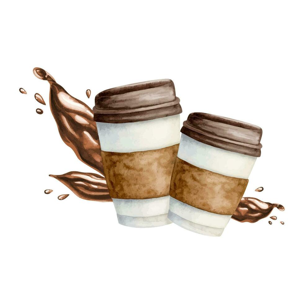 Takeaway coffee cups with splashes and drops watercolor vector illustration for bakery and cafe flyers and menus