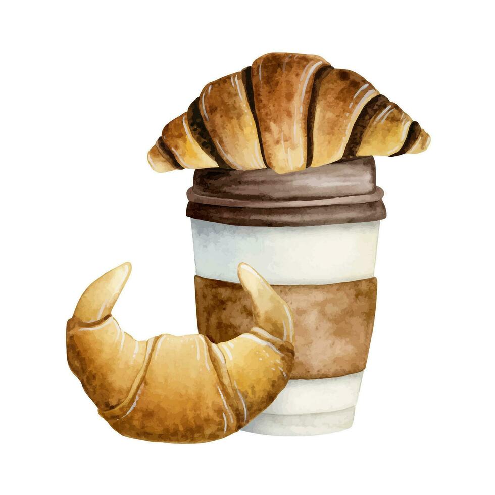 Paper coffee cup with croissants pastry for takeaway watercolor vector illustration for breakfast and snack designs, cafe menus
