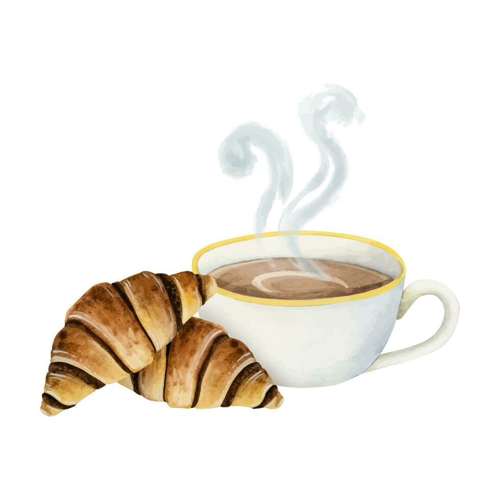 croissants Pastelería con café taza con croissants acuarela vector ilustración para desayuno y bocadillo diseños