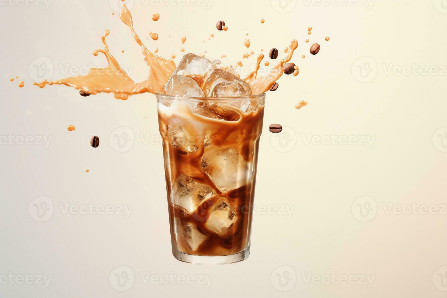 AI generated Iced coffee splashing and roasted coffee beans flying on light background, copy space. AI generated. photo