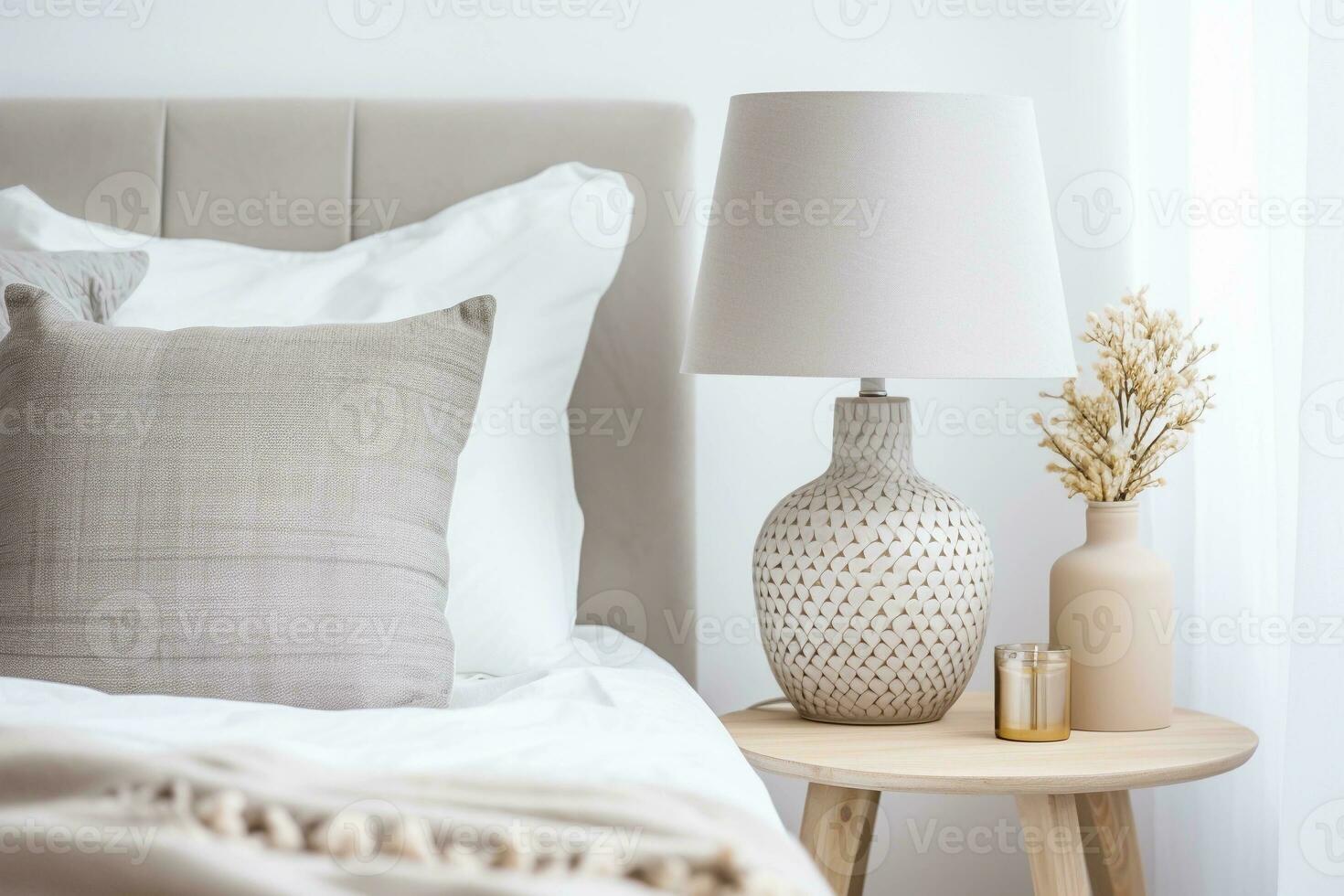 AI generated Lamp and flowers on the nightstand in the bedroom. Cozy home interior in Scandinavian style. AI generated. photo