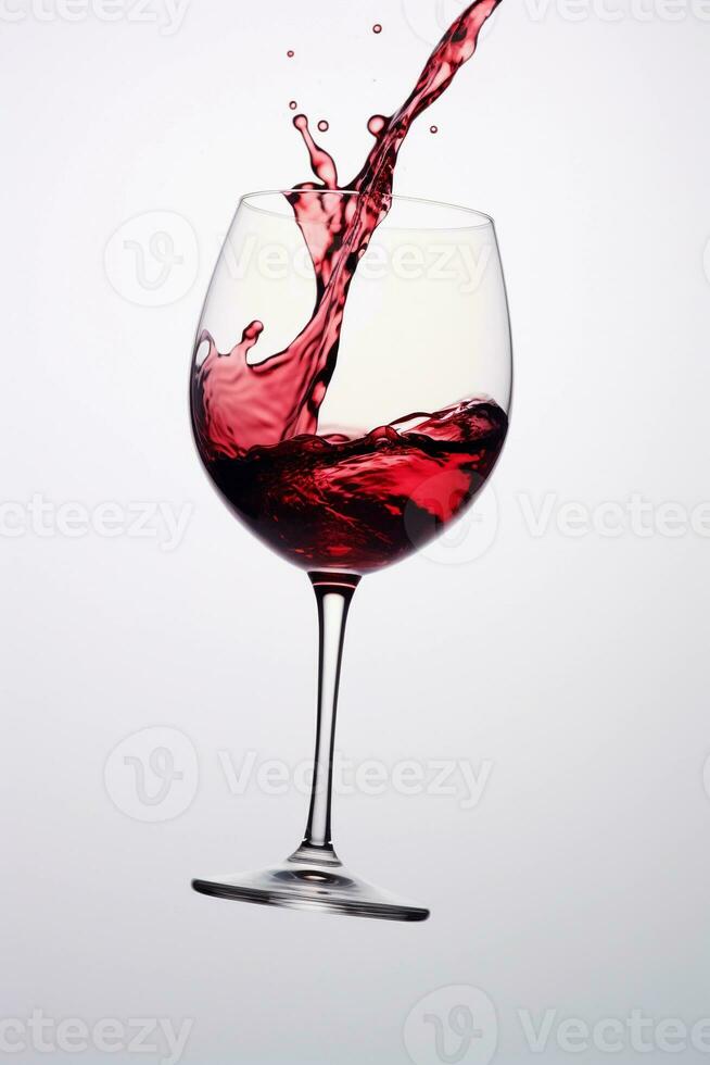 AI generated Glass of splashing red wine on light pastel background, close up view. AI generated. photo