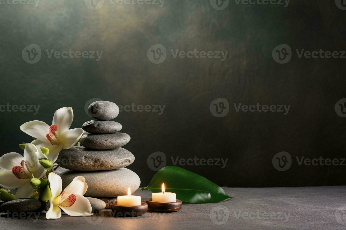 AI generated Spa gray background with massage stones, exotic flowers and copy space. AI generated. photo