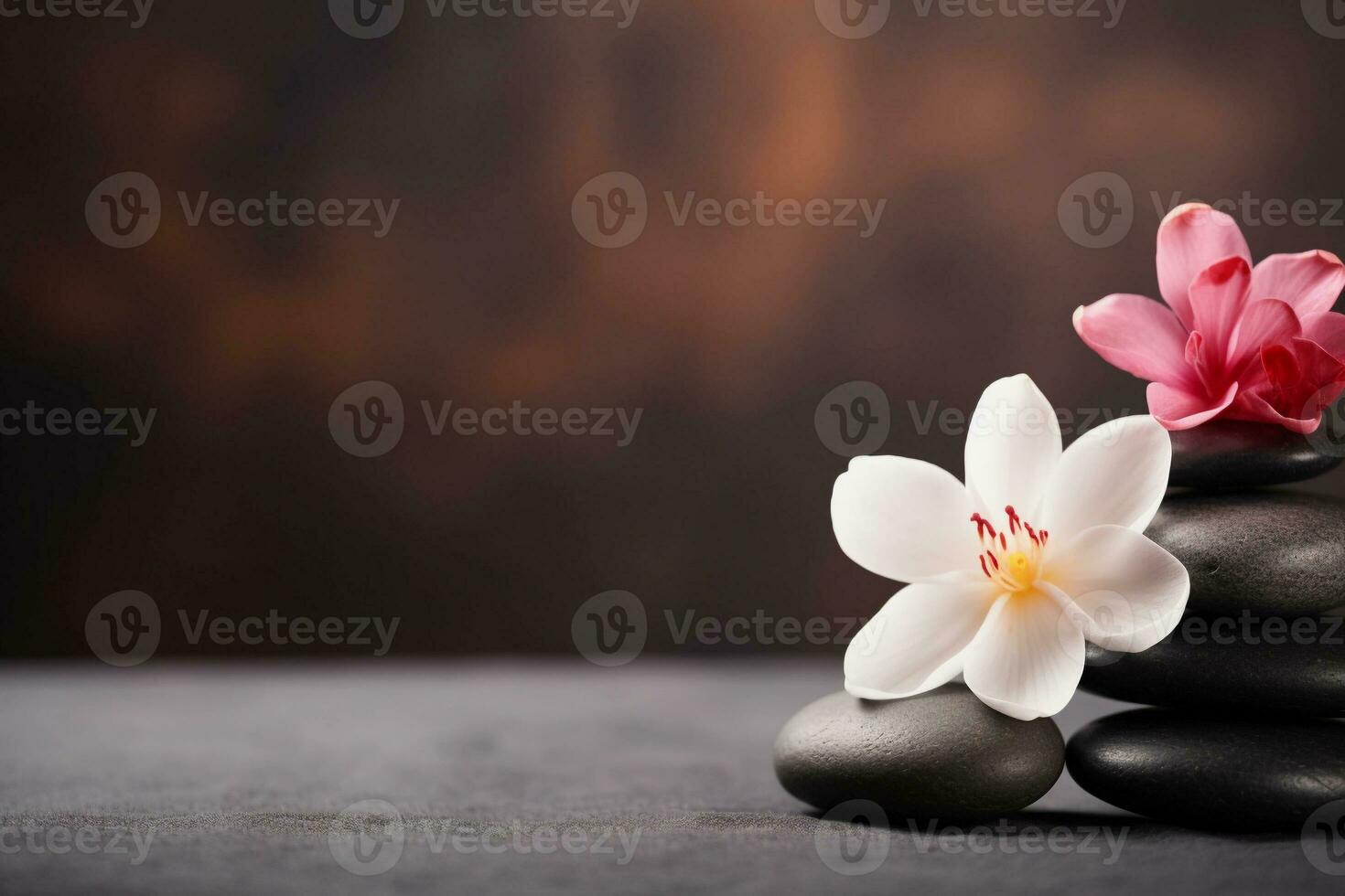 AI generated Spa background with massage stones, exotic flowers and copy space. AI generated. photo
