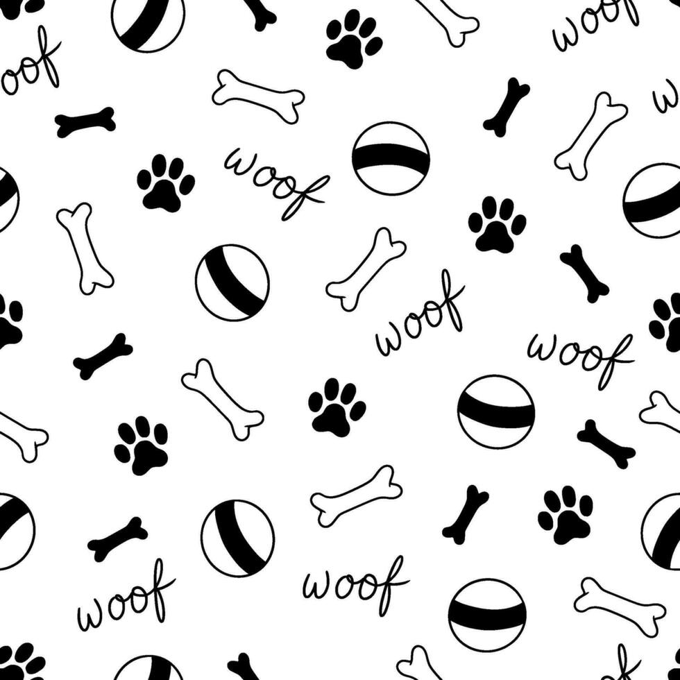 Dog bone seamless pattern. Dog footprint stamp, bone, toy background. Puppy cute hand drawn doodle texture wallpaper vector