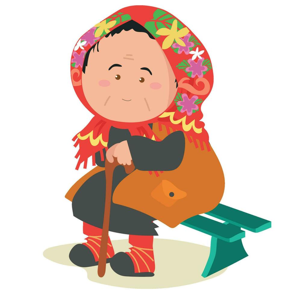 Clipart of grandmother sitting on a bench and holding a cane stick. International Senior Citizen Day Edition. Vector file