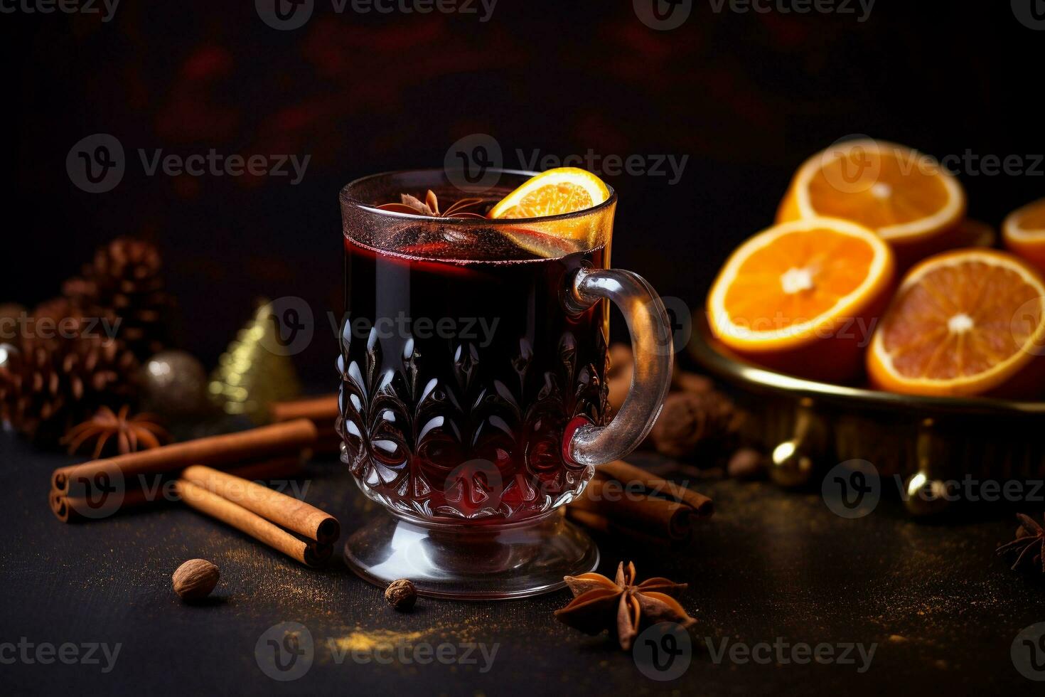AI generated Glass of hot mulled wine with slices of oranges, cinnamon and anise on wooden table. AI generated. photo